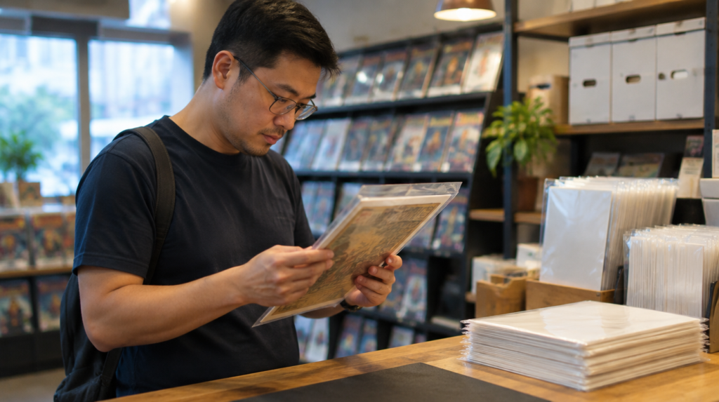 Collecting Silver Age Marvel Comics: A Starter Guide Asian collector examining a vintage Marvel comic in a protective sleeve at a Singapore comic shop counter