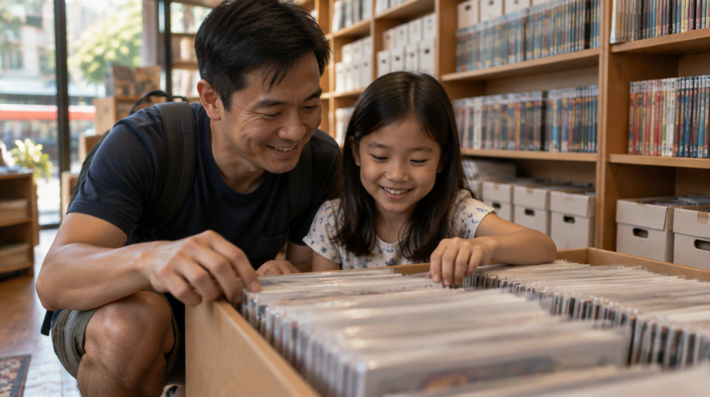 Getting Kids Started with Marvel Comics Collecting Father and daughter browsing a back-issue comic box together at a Singapore comic shop