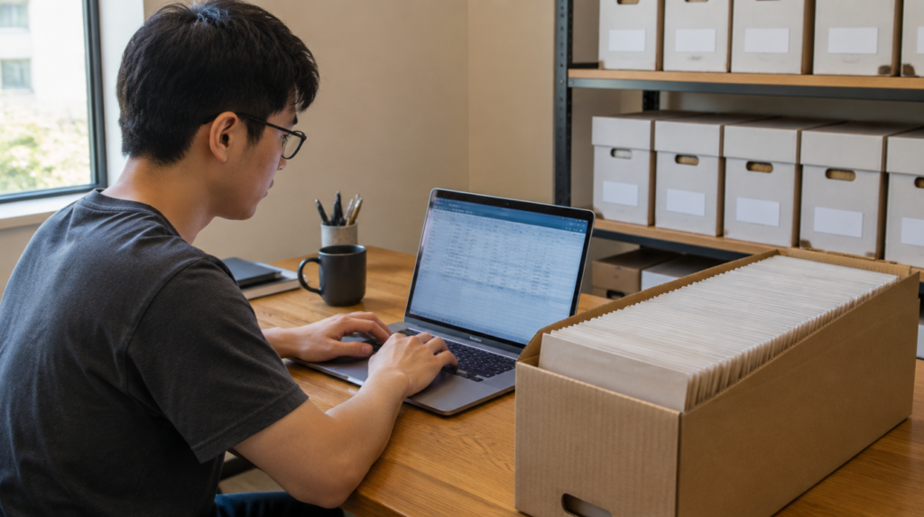 How to Catalogue and Organise Your Marvel Collection Asian collector cataloguing Marvel comic back issues at a tidy Singapore shop counter, laptop and long box beside them