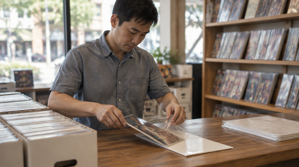 Insuring Your Marvel Comic Collection in Singapore Singapore comic shop assistant carefully bagging and boarding a Marvel comic book at the counter