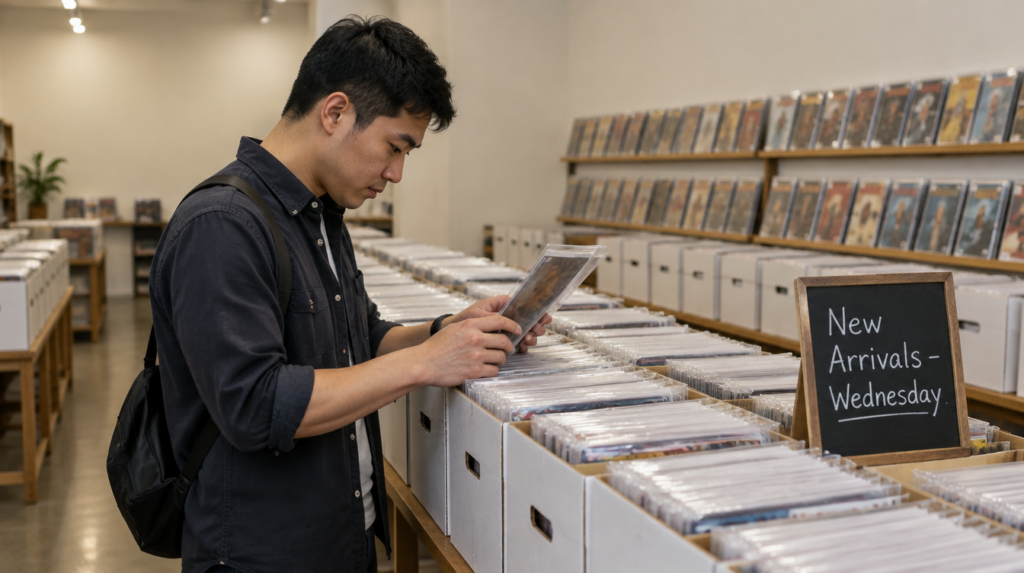 Collecting Modern Age Marvel Comics: A Starter Guide Asian collector in a Singapore comic shop examining a sleeved Modern Age Marvel comic beside a New Arrivals Wednesday sign