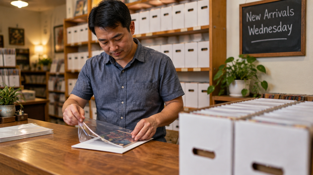 Digital vs Physical Marvel Comics: A Collector's Guide Asian shopkeeper in a Singapore comic shop carefully sleeving and boarding a Marvel back issue at the counter