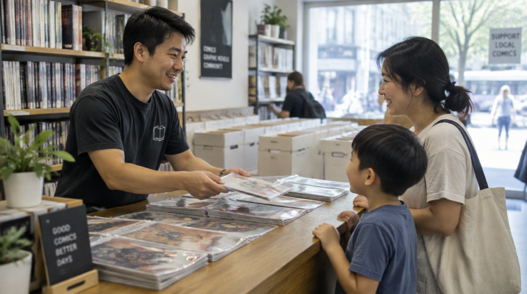 Free Comic Book Day in Singapore: A Collector's Guide Asian shopkeeper handing a free comic to a mother and young son at a Singapore comic shop counter on Free Comic Book Day