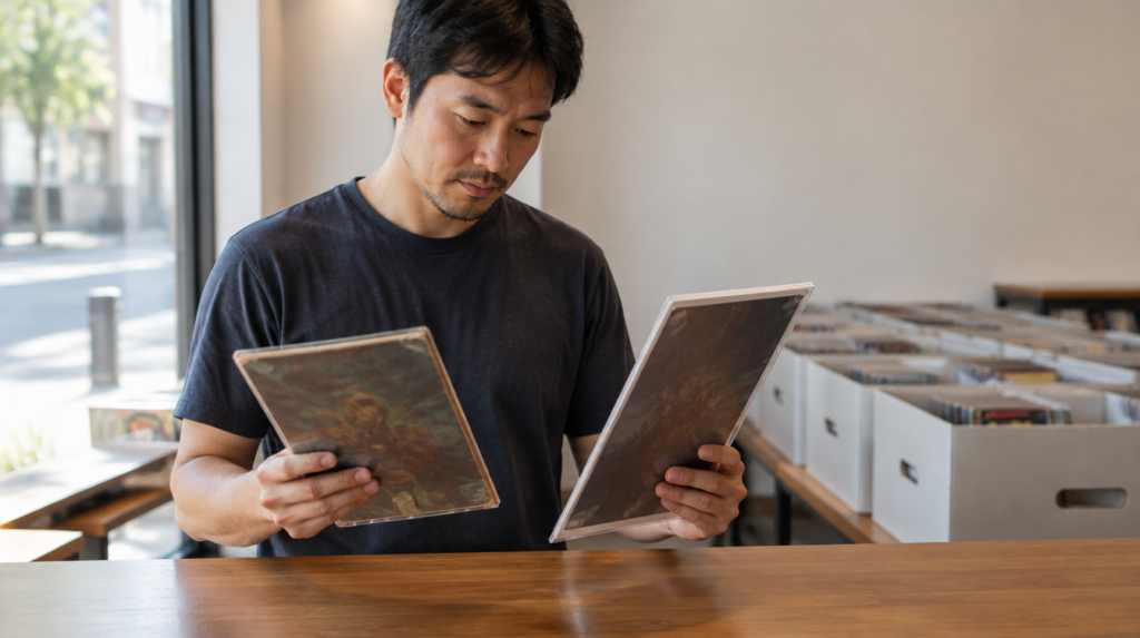 Reading Copies vs Investment Copies: A Collector's Guide A collector in a Singapore comic shop comparing a well-loved reading copy against a pristine investment-grade Marvel comic