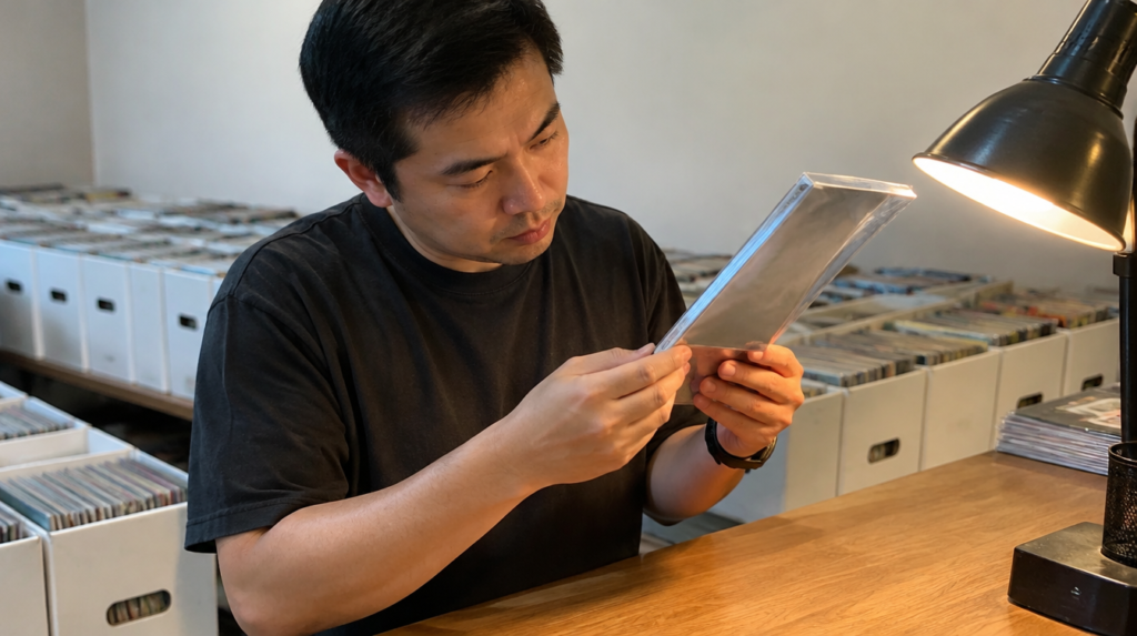 Spotting Restoration and Pressing in Marvel Back Issues Asian collector in a Singapore comic shop closely inspecting a bagged and boarded Marvel back issue under a desk lamp
